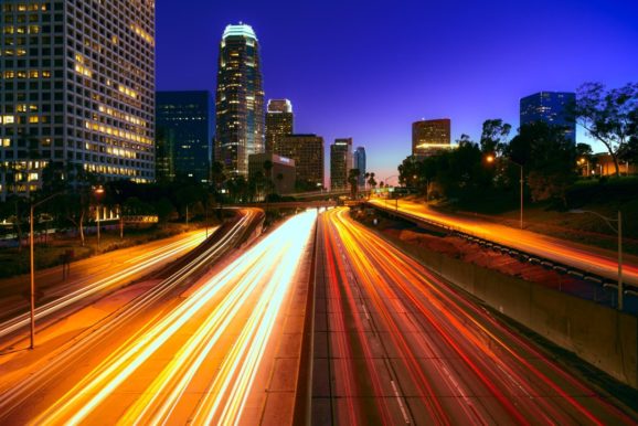 A long exposure photo of an American highway