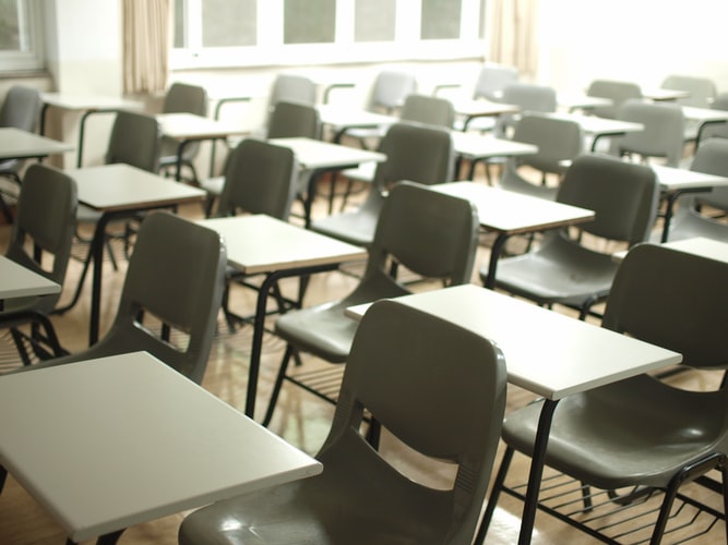 An empty classroom full of school desks
