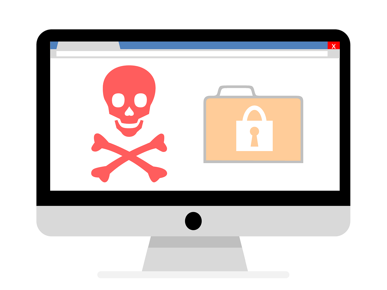 A desktop screen displays a red skull with red crossbones and a brown computer folder with a lock on it