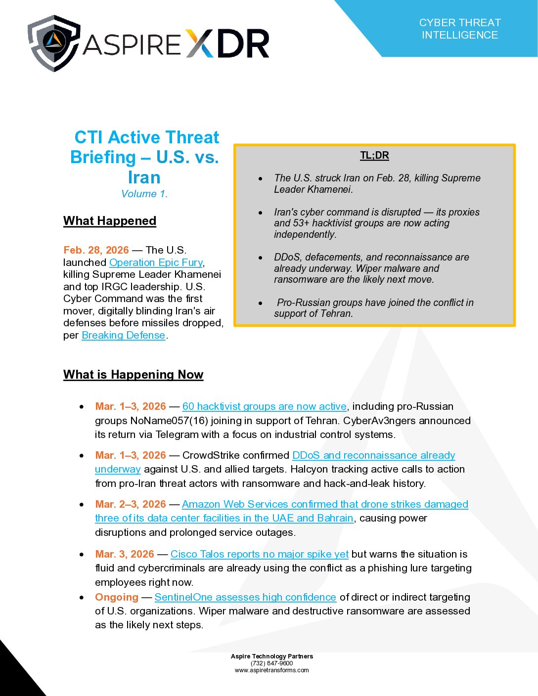 CTI Active Threat Briefing – U.S. vs. Iran Volume 1. Featured Image